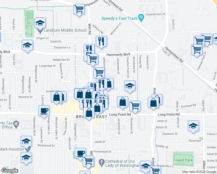 map of restaurants, bars, coffee shops, grocery stores, and more near 1928 Johanna Drive in Houston