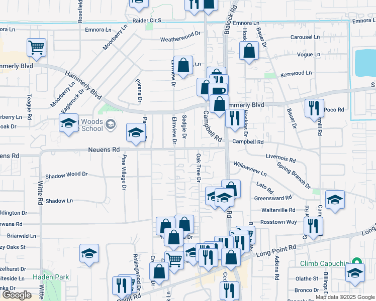 map of restaurants, bars, coffee shops, grocery stores, and more near 1901 Stillwood Drive in Houston