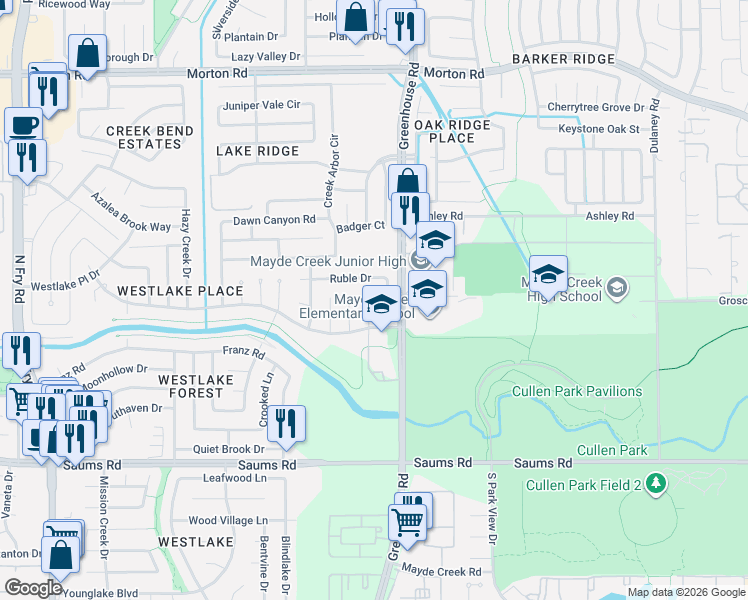map of restaurants, bars, coffee shops, grocery stores, and more near 2626 Morninglight Drive in Houston
