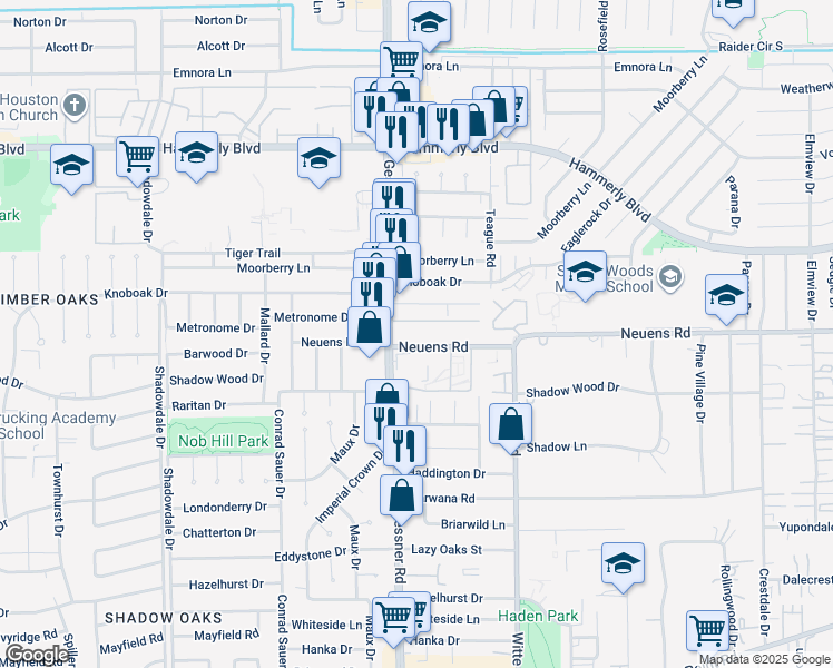 map of restaurants, bars, coffee shops, grocery stores, and more near 10128 Neuens Road in Houston