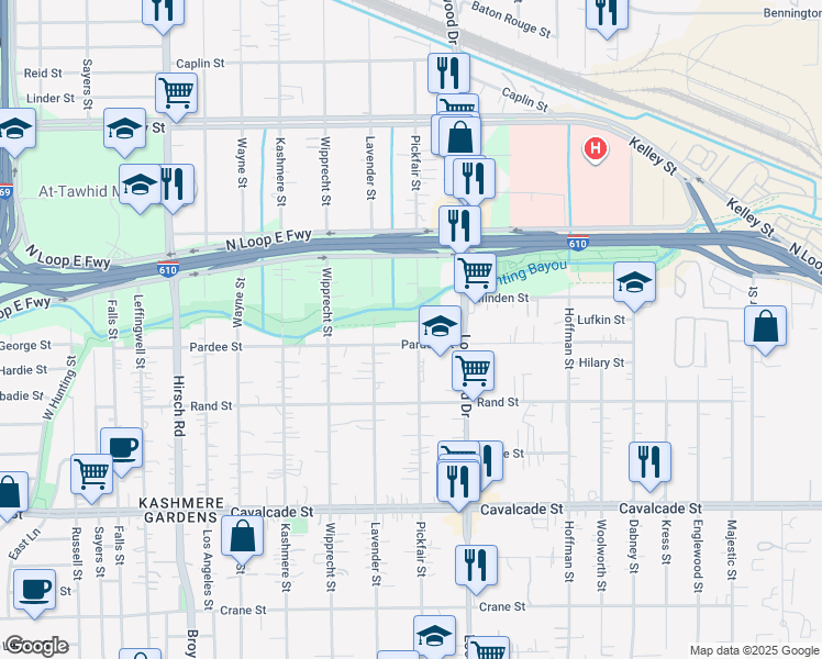 map of restaurants, bars, coffee shops, grocery stores, and more near 5009 Pickfair Street in Houston