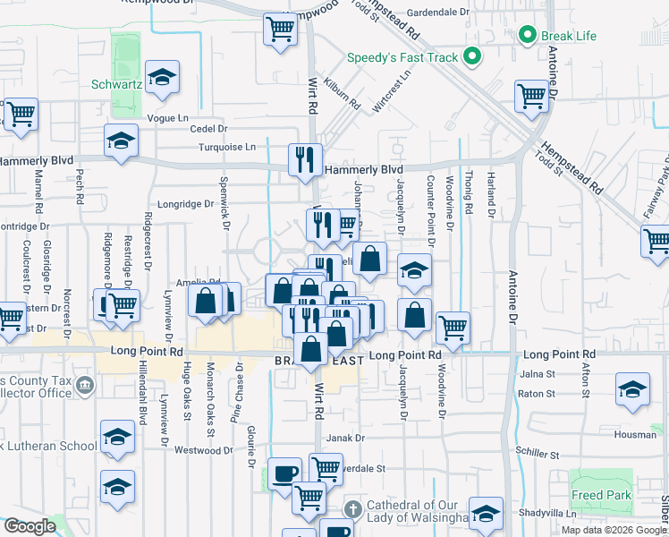 map of restaurants, bars, coffee shops, grocery stores, and more near 7819 Amelia Rd in Houston