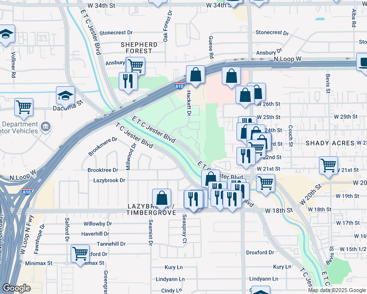 map of restaurants, bars, coffee shops, grocery stores, and more near 2431 East T C Jester Boulevard in Houston