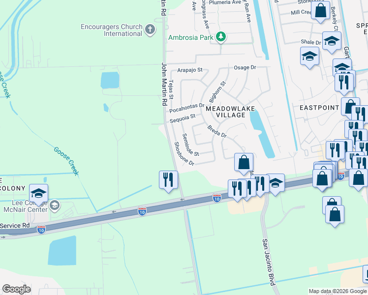 map of restaurants, bars, coffee shops, grocery stores, and more near 7518 Shoshone Drive in Baytown