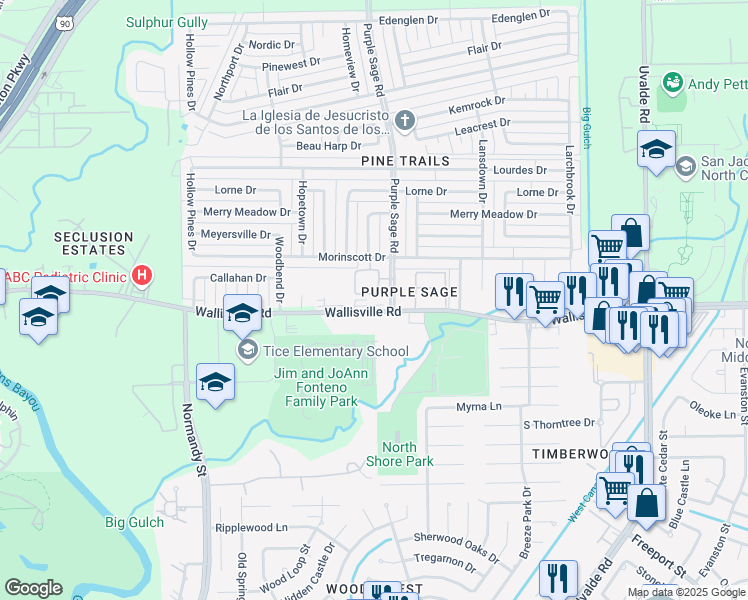 map of restaurants, bars, coffee shops, grocery stores, and more near 14355 Wallisville Road in Houston