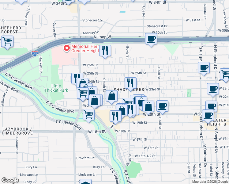 map of restaurants, bars, coffee shops, grocery stores, and more near 1402 West 23rd Street in Houston