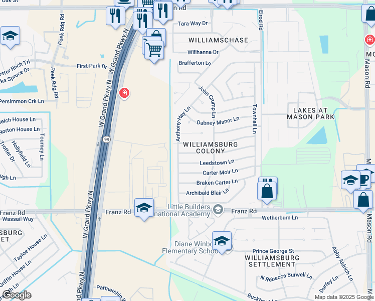 map of restaurants, bars, coffee shops, grocery stores, and more near 22818 John Rolfe Lane in Katy