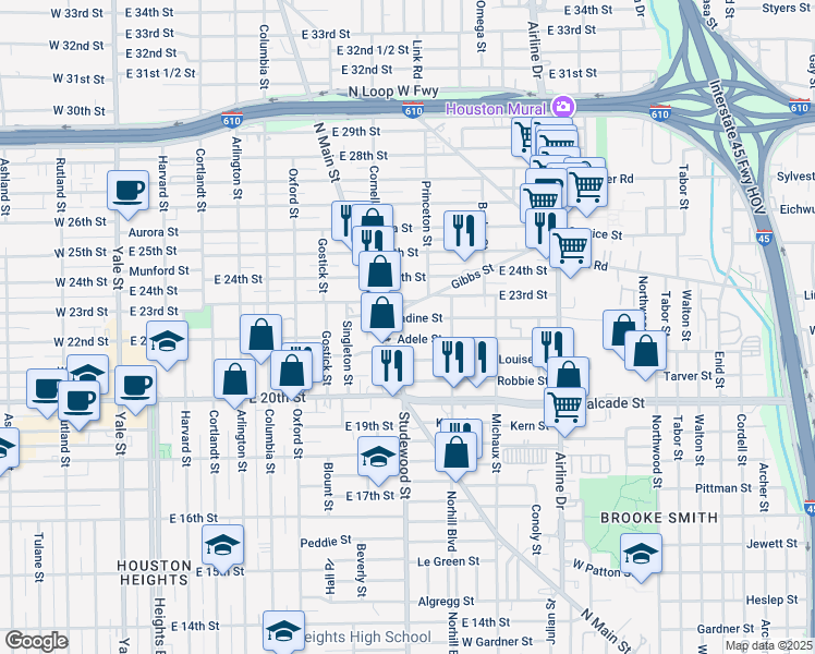 map of restaurants, bars, coffee shops, grocery stores, and more near 2222 Studewood Street in Houston