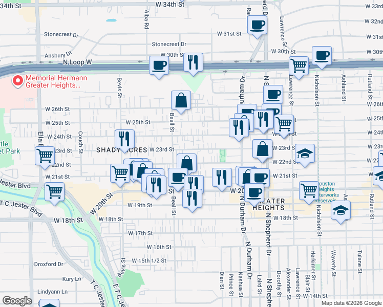 map of restaurants, bars, coffee shops, grocery stores, and more near 1010 West 23rd Street in Houston