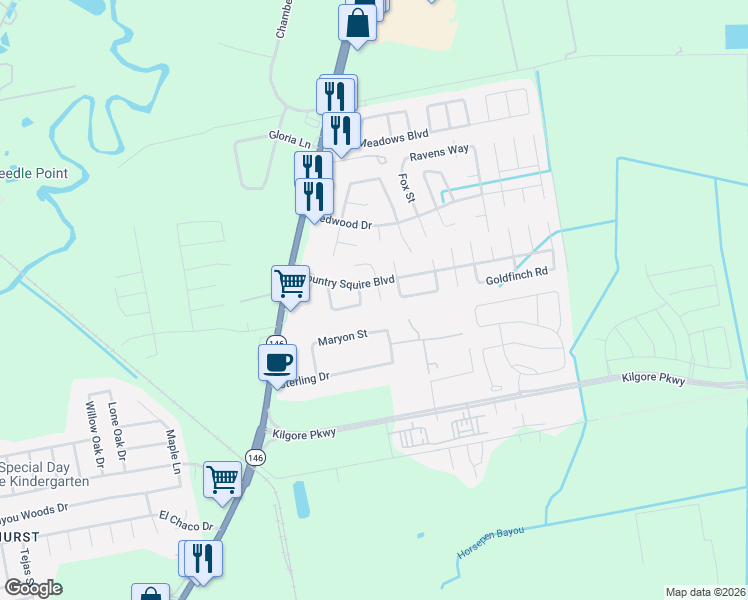 map of restaurants, bars, coffee shops, grocery stores, and more near 7810 Brookfield Street in Baytown