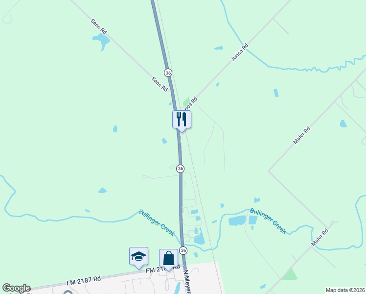 map of restaurants, bars, coffee shops, grocery stores, and more near 2104 Texas 36 in Sealy