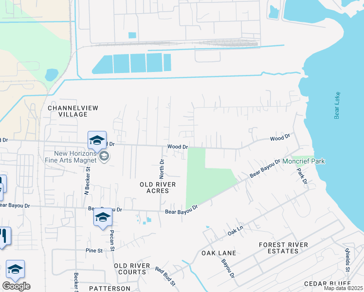 map of restaurants, bars, coffee shops, grocery stores, and more near 16429a Wood Drive in Channelview