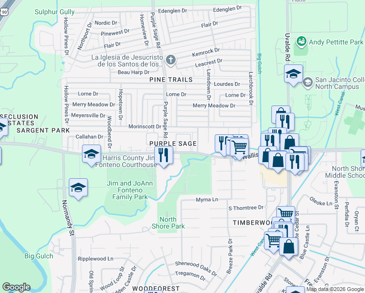 map of restaurants, bars, coffee shops, grocery stores, and more near 1401 Wallisville Road in Houston
