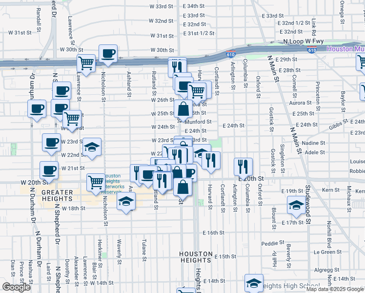 map of restaurants, bars, coffee shops, grocery stores, and more near 107 East 22nd Street in Houston