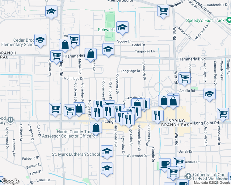 map of restaurants, bars, coffee shops, grocery stores, and more near 1929 Ridgecrest Drive in Houston