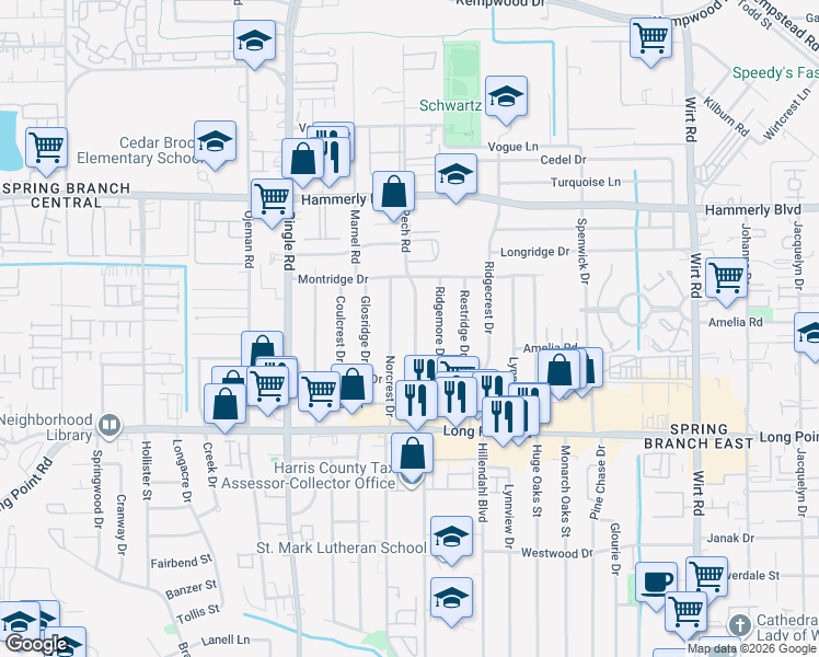 map of restaurants, bars, coffee shops, grocery stores, and more near 1929 Pech Road in Houston
