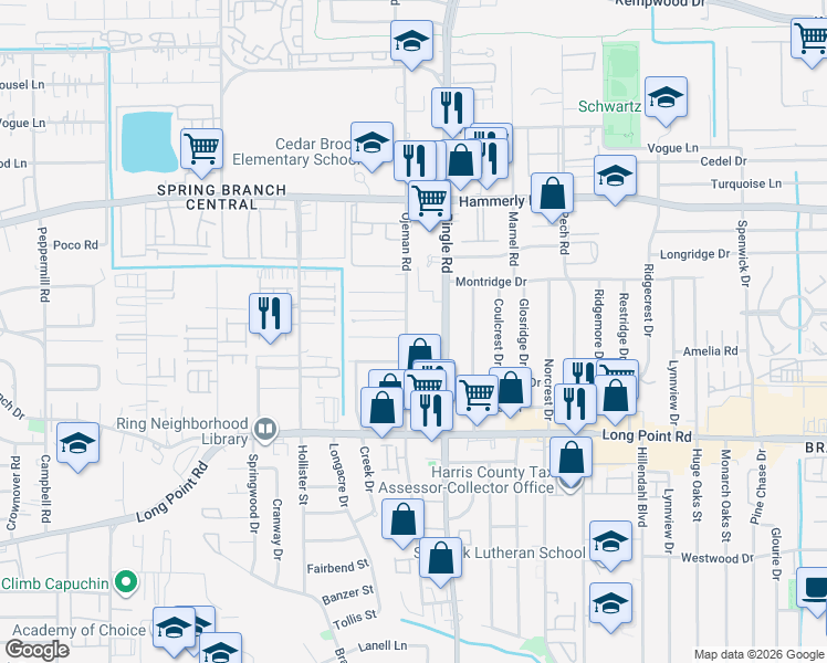 map of restaurants, bars, coffee shops, grocery stores, and more near 1914 Ojeman Road in Houston