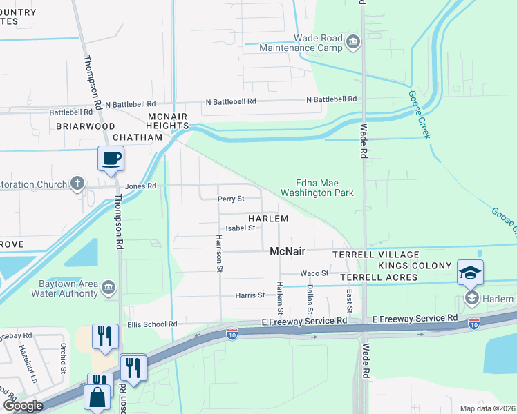 map of restaurants, bars, coffee shops, grocery stores, and more near 7607 Verdinell Road in Baytown