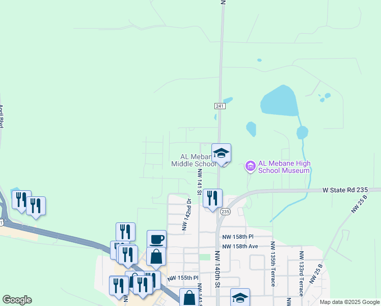 map of restaurants, bars, coffee shops, grocery stores, and more near 14320 Northwest 165th Place in Alachua