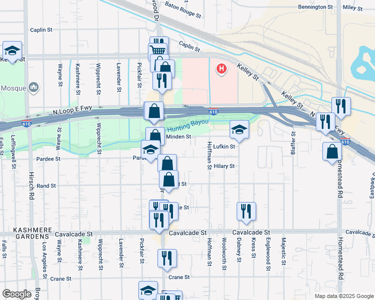 map of restaurants, bars, coffee shops, grocery stores, and more near 5465 Pardee Street in Houston