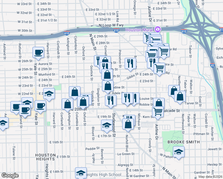 map of restaurants, bars, coffee shops, grocery stores, and more near 2222 Studewood Street in Houston