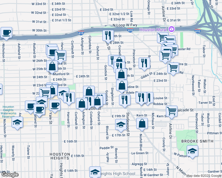 map of restaurants, bars, coffee shops, grocery stores, and more near 2210 Gostick Street in Houston