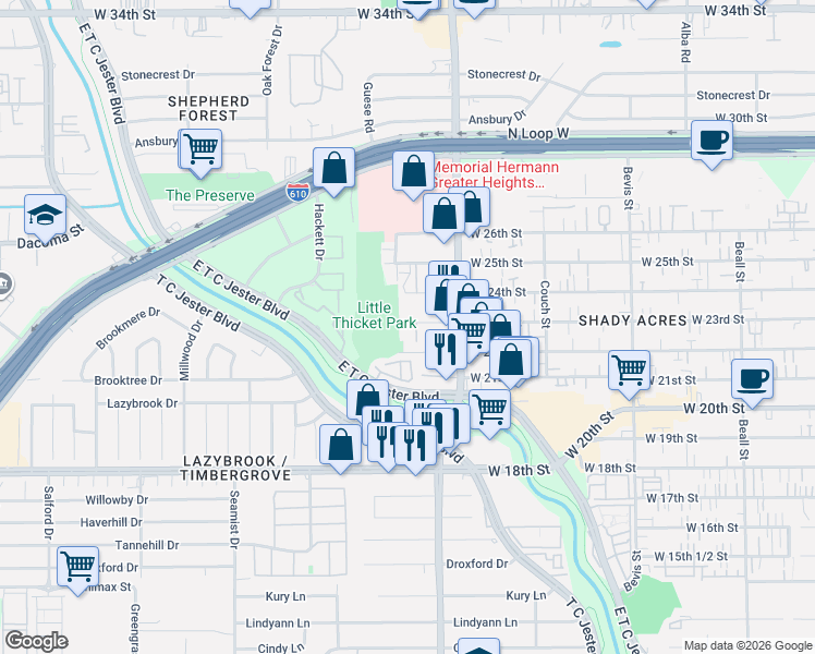 map of restaurants, bars, coffee shops, grocery stores, and more near 1826 West 23rd Street in Houston