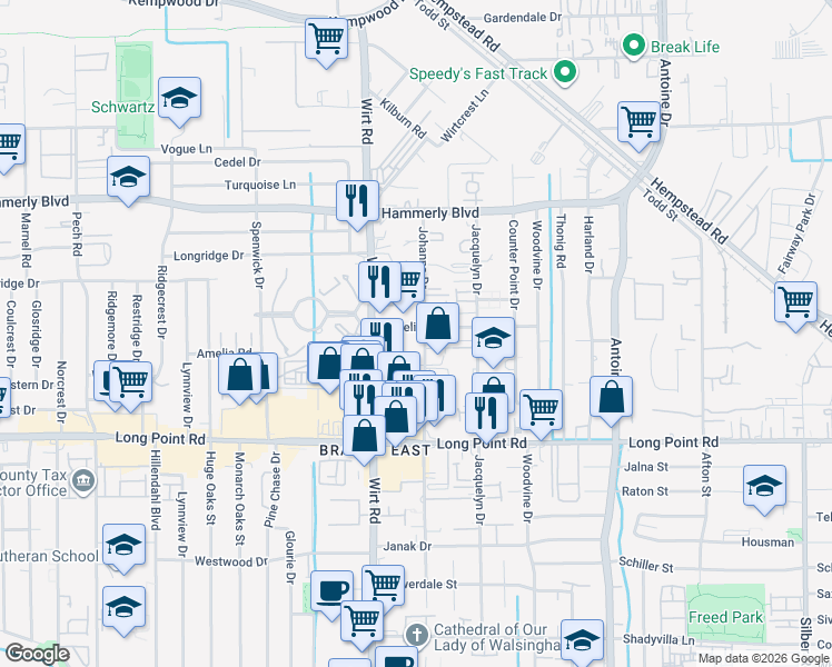 map of restaurants, bars, coffee shops, grocery stores, and more near 1928 Johanna Drive in Houston