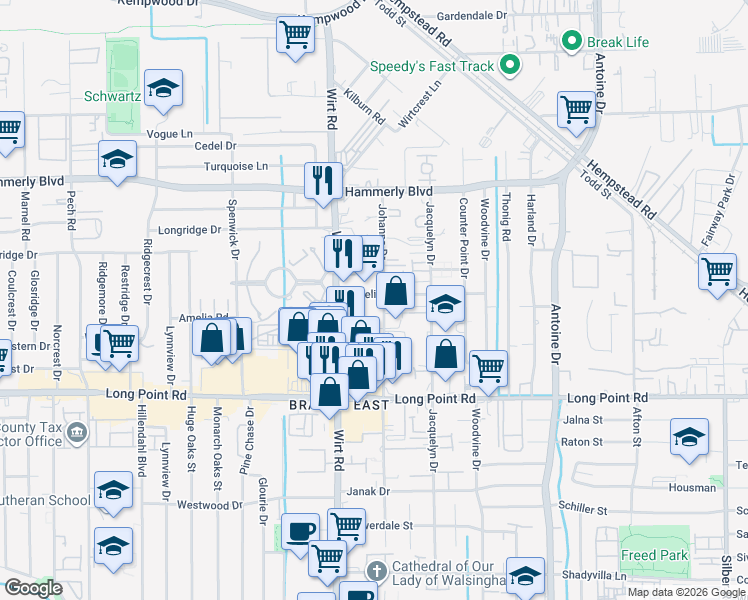 map of restaurants, bars, coffee shops, grocery stores, and more near 7819 Amelia Road in Houston
