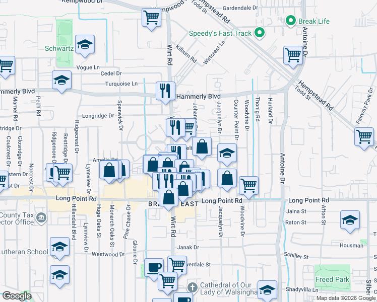 map of restaurants, bars, coffee shops, grocery stores, and more near 7819 Amelia Road in Houston