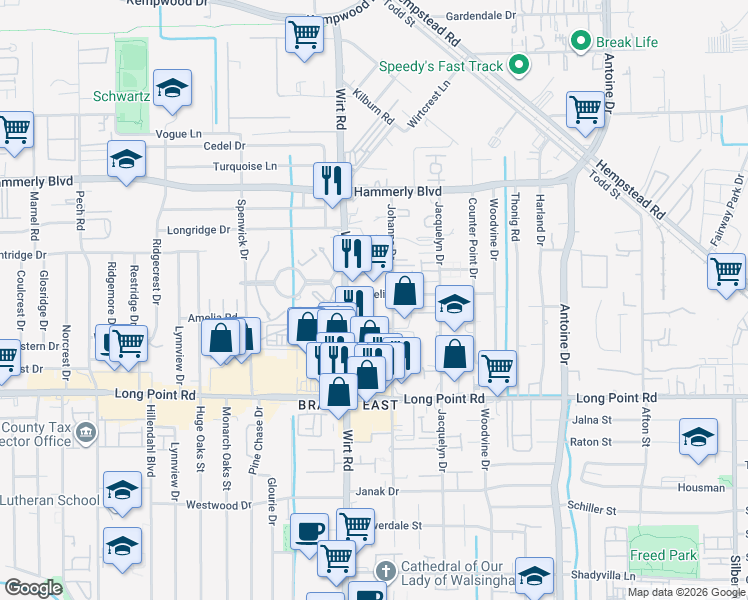 map of restaurants, bars, coffee shops, grocery stores, and more near 7819 Amelia Road in Houston