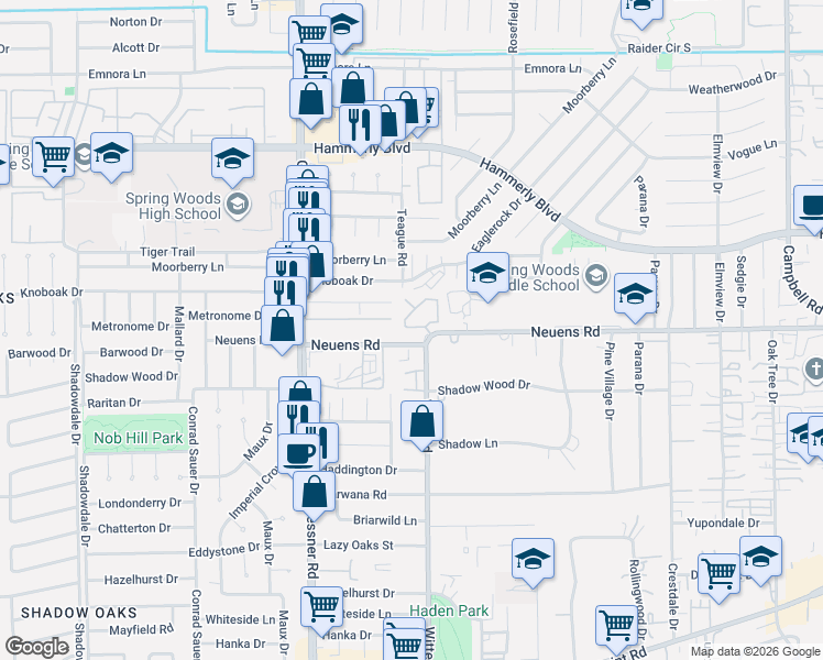 map of restaurants, bars, coffee shops, grocery stores, and more near 10055 Fallen Woods Drive in Houston