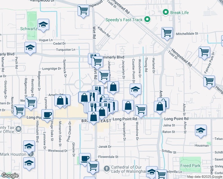map of restaurants, bars, coffee shops, grocery stores, and more near 1928 Johanna Drive in Houston
