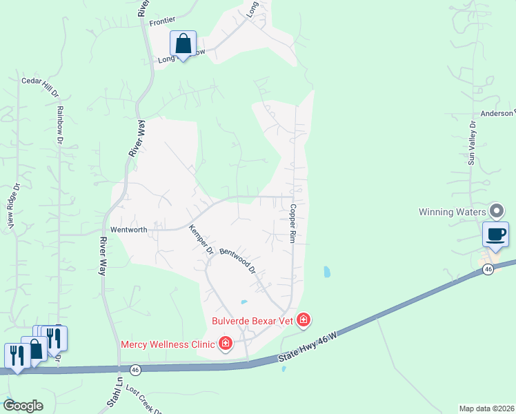 map of restaurants, bars, coffee shops, grocery stores, and more near 464 Wentworth in Comal