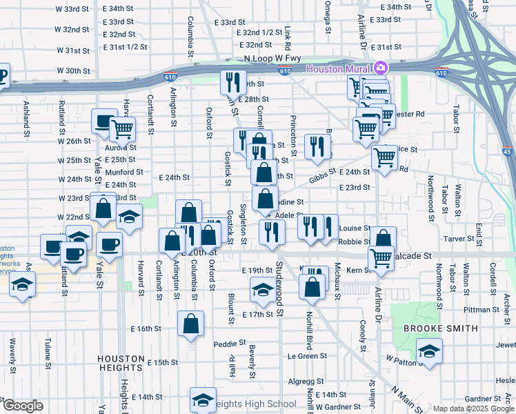 map of restaurants, bars, coffee shops, grocery stores, and more near 2124 Carter Street in Houston
