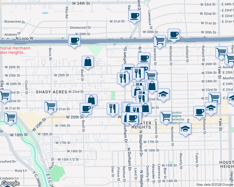 map of restaurants, bars, coffee shops, grocery stores, and more near 826 West 23rd Street in Houston