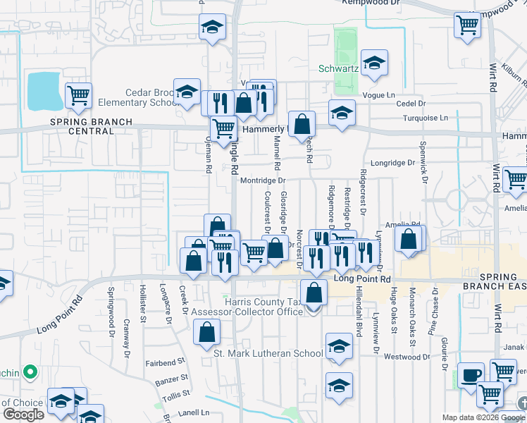 map of restaurants, bars, coffee shops, grocery stores, and more near 1929 Coulcrest Drive in Houston