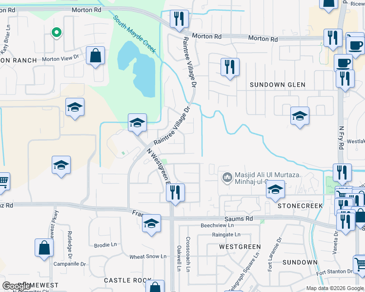 map of restaurants, bars, coffee shops, grocery stores, and more near 20303 Cherry Orchard Lane in Katy