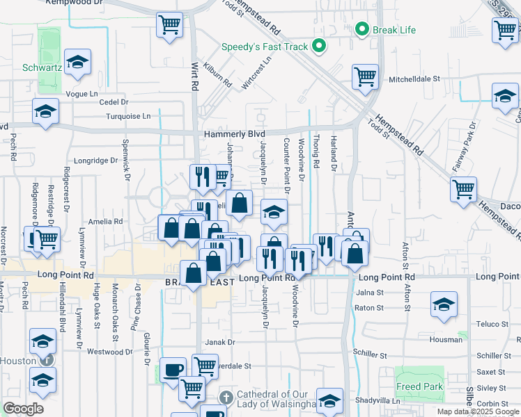 map of restaurants, bars, coffee shops, grocery stores, and more near 1931 Jacquelyn Drive in Houston