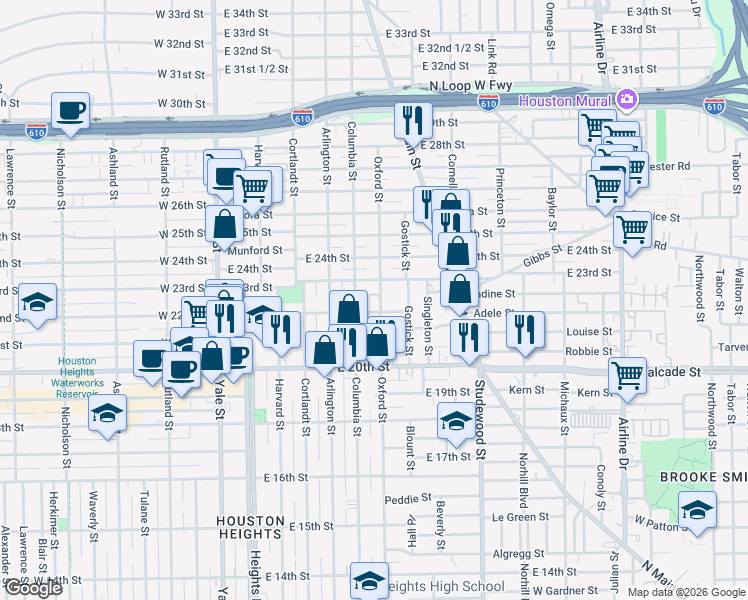 map of restaurants, bars, coffee shops, grocery stores, and more near 2211 Oxford Street in Houston
