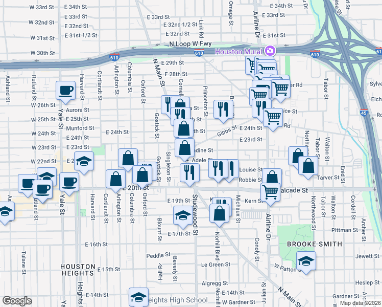 map of restaurants, bars, coffee shops, grocery stores, and more near 2222 Studewood Street in Houston