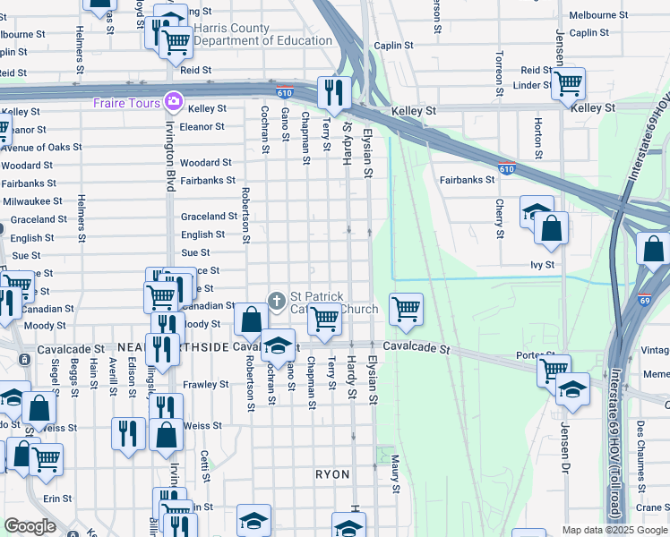 map of restaurants, bars, coffee shops, grocery stores, and more near 5114 Terry Street in Houston