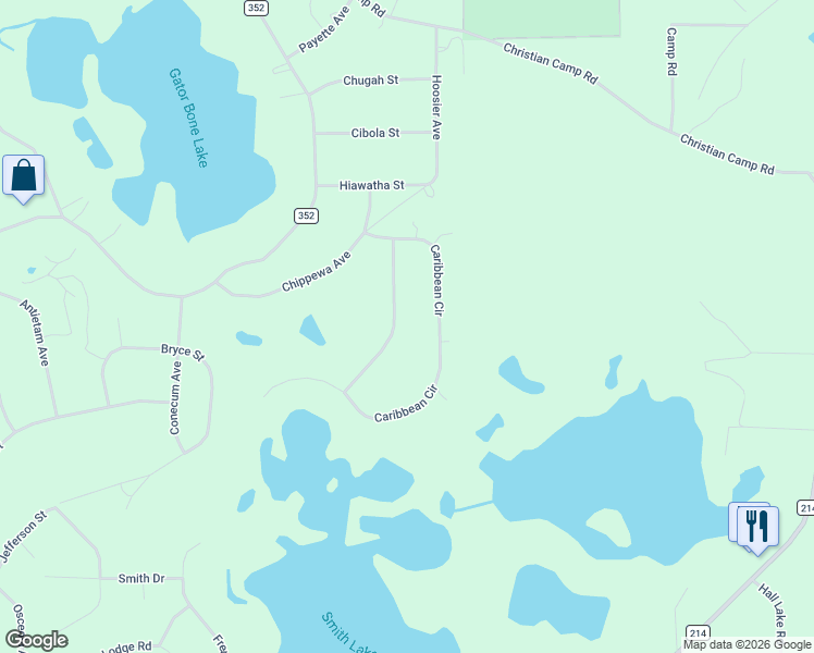 map of restaurants, bars, coffee shops, grocery stores, and more near 7449 Caribbean Circle in Keystone Heights