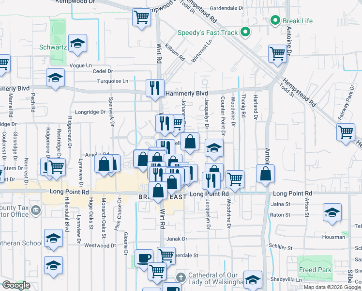 map of restaurants, bars, coffee shops, grocery stores, and more near 1928 Johanna Drive in Houston