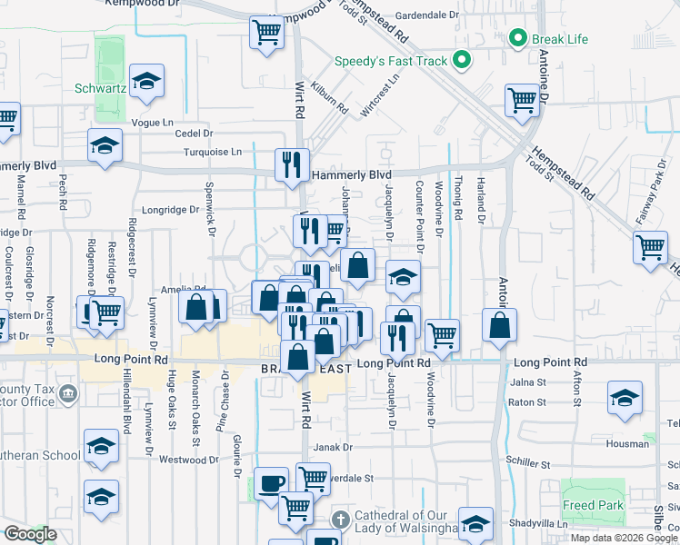 map of restaurants, bars, coffee shops, grocery stores, and more near 1928 Johanna Drive in Houston