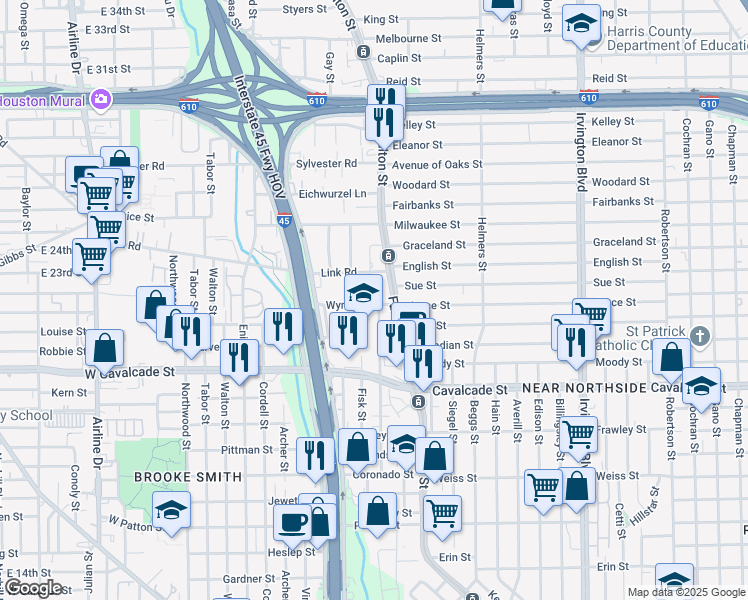 map of restaurants, bars, coffee shops, grocery stores, and more near 116 Wynne Street in Houston