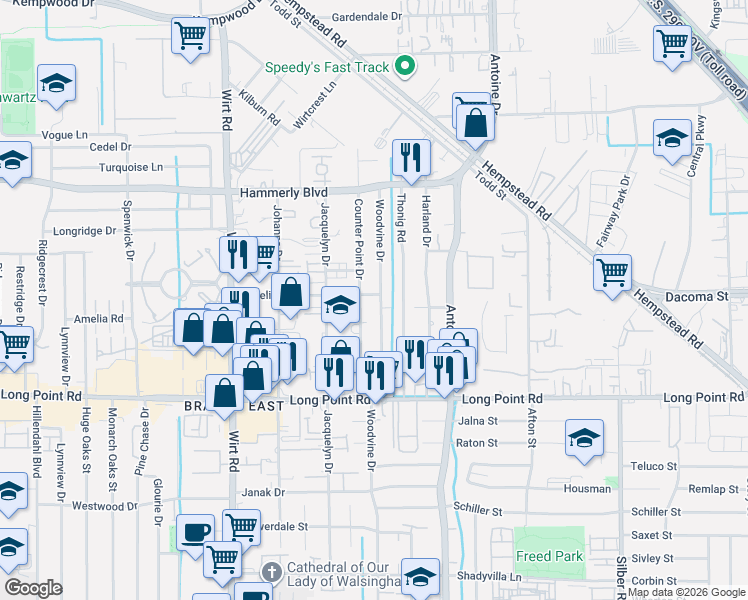 map of restaurants, bars, coffee shops, grocery stores, and more near 1944 Counter Point Drive in Houston