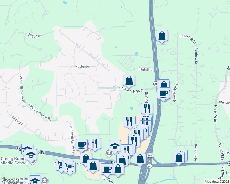 map of restaurants, bars, coffee shops, grocery stores, and more near 395 Harmony Hills street in Spring Branch