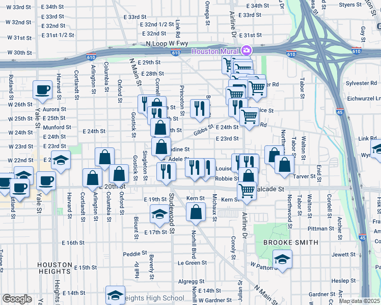 map of restaurants, bars, coffee shops, grocery stores, and more near 1103 Nadine Street in Houston