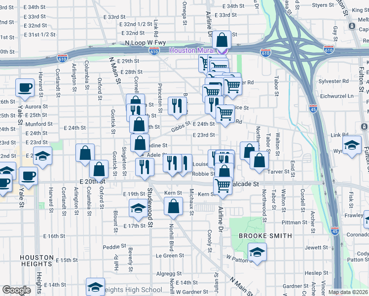 map of restaurants, bars, coffee shops, grocery stores, and more near 1015 Nadine Street in Houston